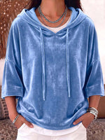 Women's Solid Color 3/4 Sleeve Casual Loose Velvet Hooded Top