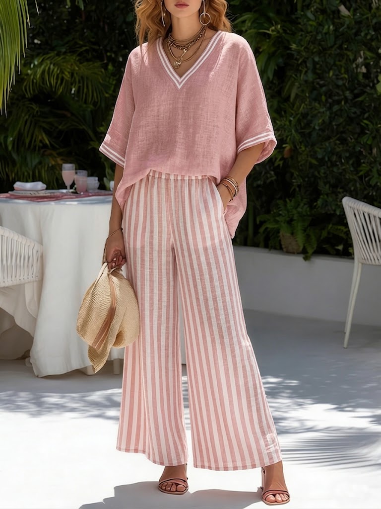Casual Two-piece Set: Striped Linen & Cotton Patchwork Top And Striped Trousers