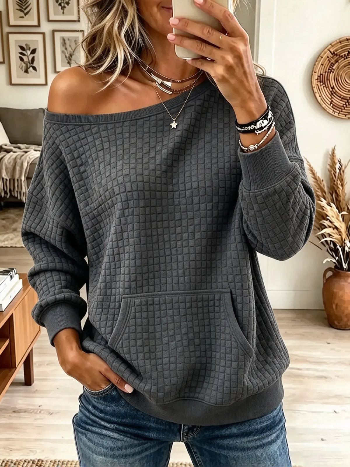 Women's Off-the-Shoulder Quilted Kangaroo Pocket Sweatshirt