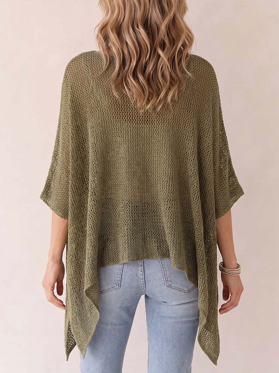 Women's Solid Color Round Neck 3/4 Sleeve Casual Loose Knitted Hollow-out Mesh Top