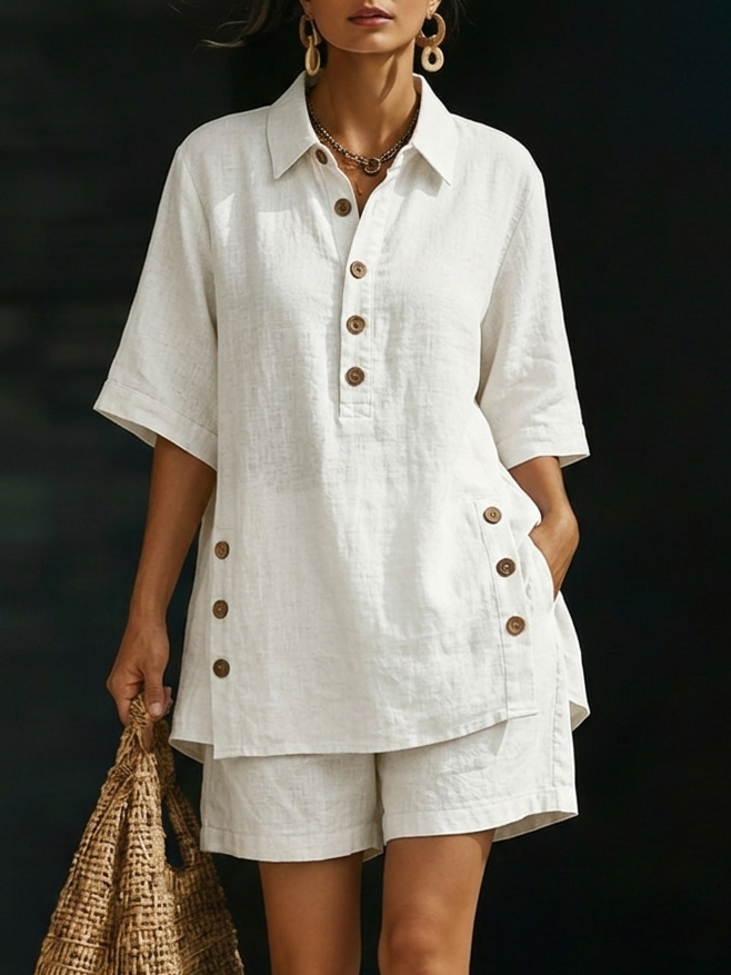 Cozy Loose-fitting Button Shirt And Shorts Cotton Linen Two-piece Set