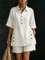 Cozy Loose-fitting Button Shirt And Shorts Cotton Linen Two-piece Set