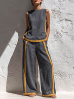 Women's Round Neck Sleeveless Casual Loose Top And High-waisted Loose Wide-leg Pants Cotton And Linen Set.