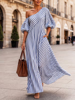 Elegant Chic One-shoulder Striped Maxi Dress