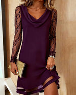 Elegant Cowl Neck Cotton-blend Dress With Lace Inserts