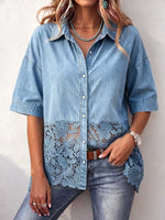 Women's collared short-sleeved casual loose-fitting denim shirt with lace trim