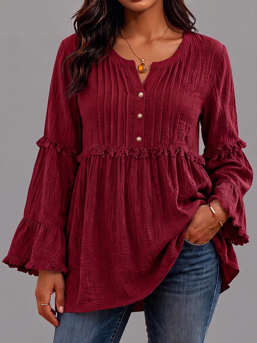 Women's Solid Color V-neck Long Sleeve Casual Loose Pleated Cotton Linen Top