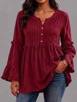 Women's Solid Color V-neck Long Sleeve Casual Loose Pleated Cotton Linen Top
