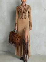 Vintage-style Floral Zip-front Dress With Tassels And Ethnic-inspired Details