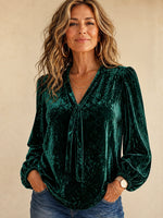 Chic V-neck Bow-tie Emerald Green Crushed Velvet Blouse With Puff Sleeves