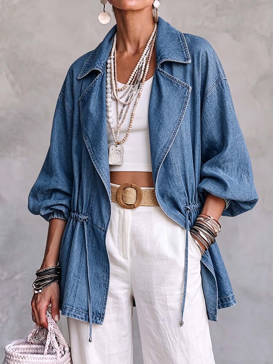 Women's Suit Collar 3/4 Sleeve Casual Loose Drawstring Denim Cardigan
