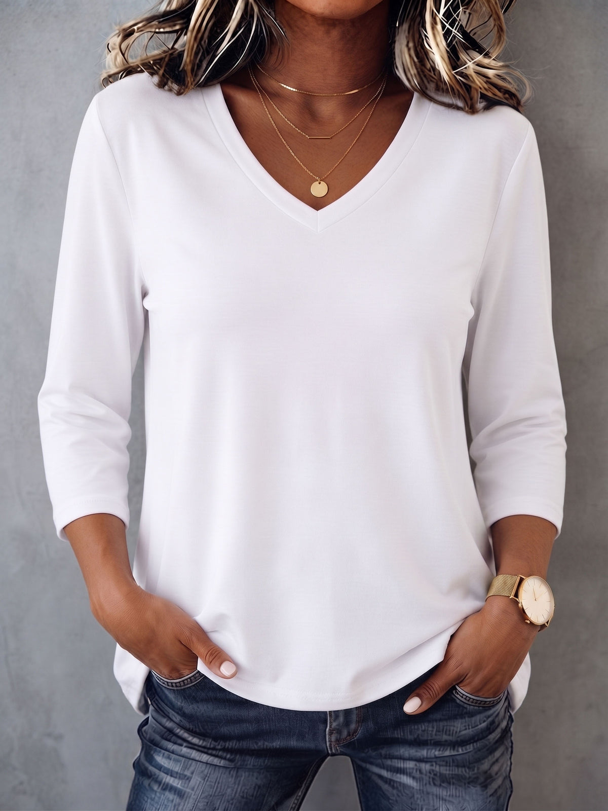 Minimalist Cozy V-neck Three-quarter Sleeve Cotton T-shirt
