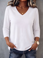 Minimalist Cozy V-neck Three-quarter Sleeve Cotton T-shirt