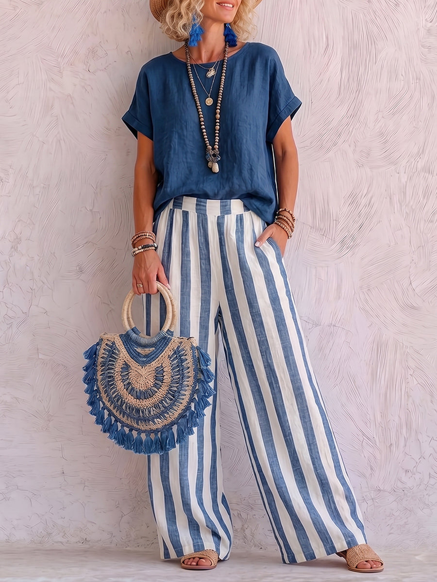 Cozy Loose-fit Striped Cotton-linen Two-piece Set