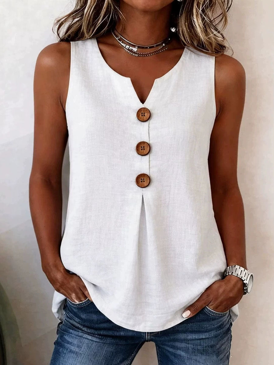 Women's Solid-color V-neck Sleeveless Casual Loose Cotton-linen Top