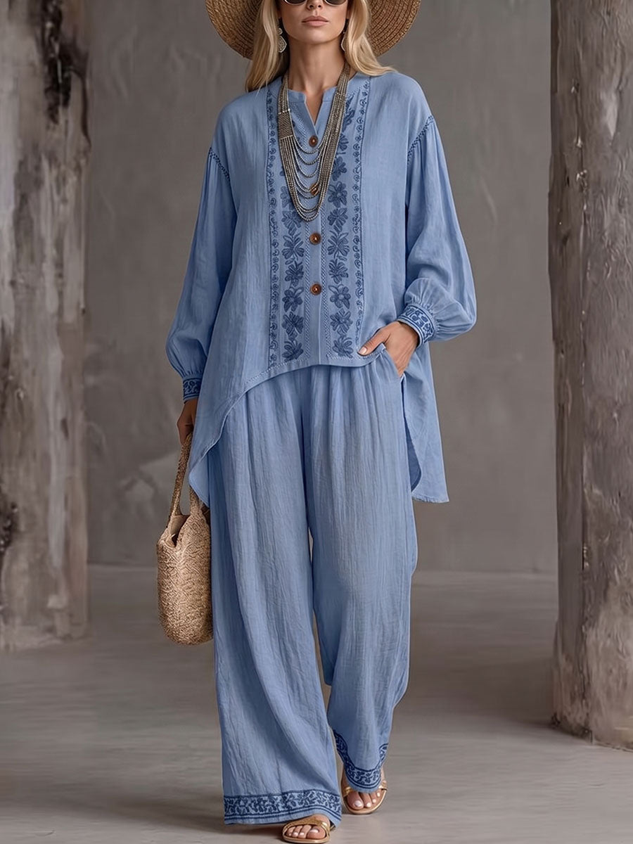 Women's Printed V-neck Long-sleeved Casual Loose Cardigan With A Shorter Front And Longer Back High-waisted Casual Wide-leg Pants Cotton And Linen Set
