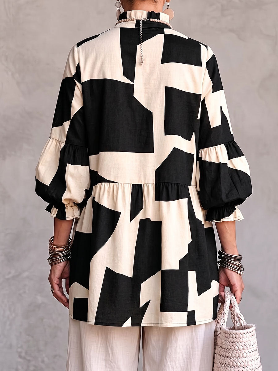 Women's Geometric Print Stand Collar 3/4 Sleeve Casual Loose Cotton Linen Top