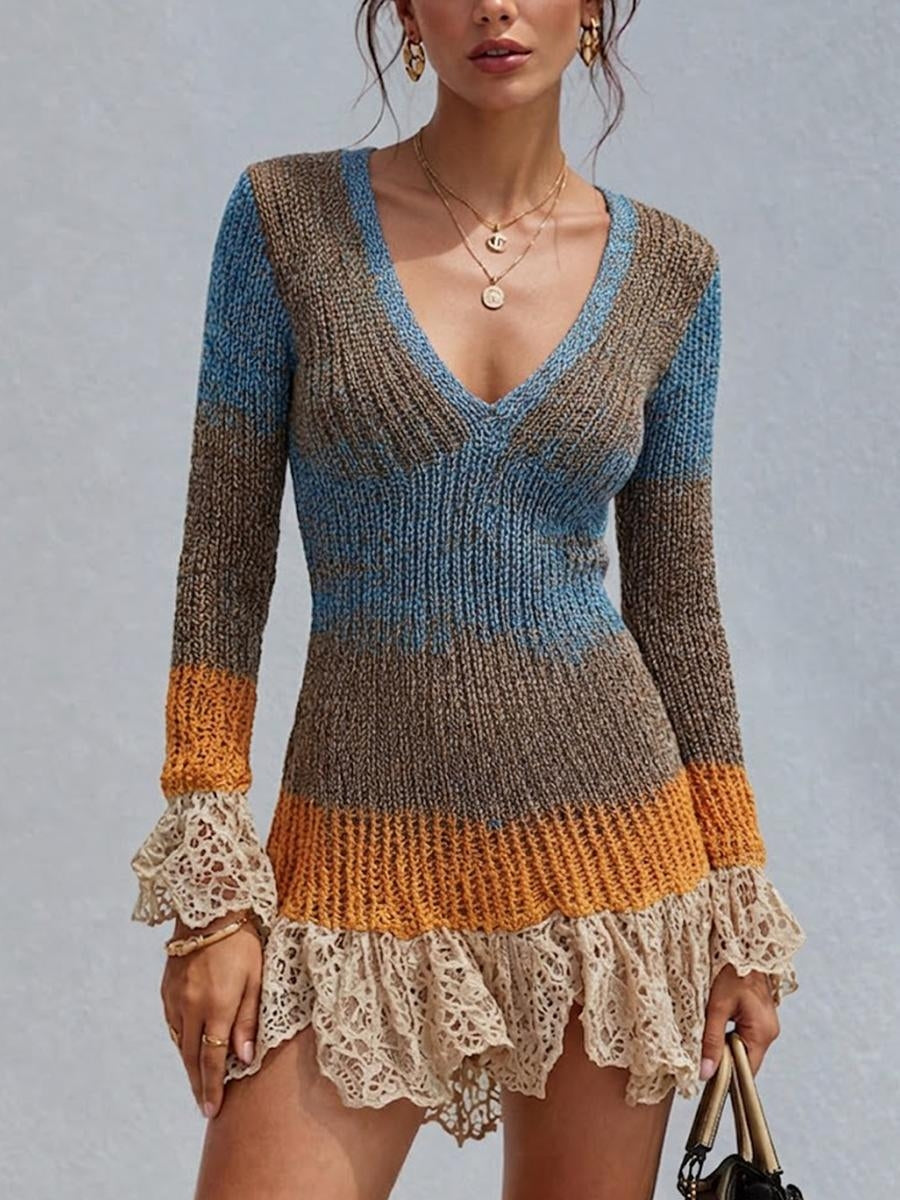 Fitted Long-sleeve Knit Dress Featuring A Color-block Gradient, Chunky Knit, V-neck, And Lace Ruffle Details