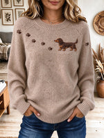Women's Dachshund Dog Embroidery Crew Neck Sweater, Paw Print Raglan Sleeve Knit Top