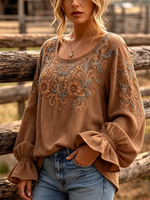 Boho-chic Floral Print Ruffled Cuffs Blouse