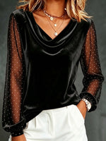 Velvet And Polka-dot Mesh Panel Top With Cowl Neck And Long Lantern Sleeves