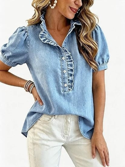Casual Ruffled Denim Shirt