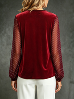 Velvet And Polka-dot Mesh Panel Top With Cowl Neck And Long Lantern Sleeves