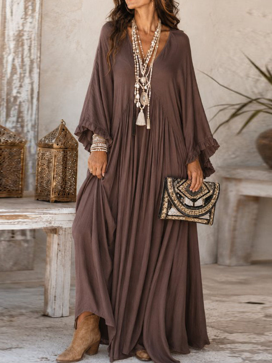 Women's V-neck Long-sleeved Casual Loose Cotton Linen Dress