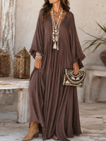 Women's V-neck Long-sleeved Casual Loose Cotton Linen Dress