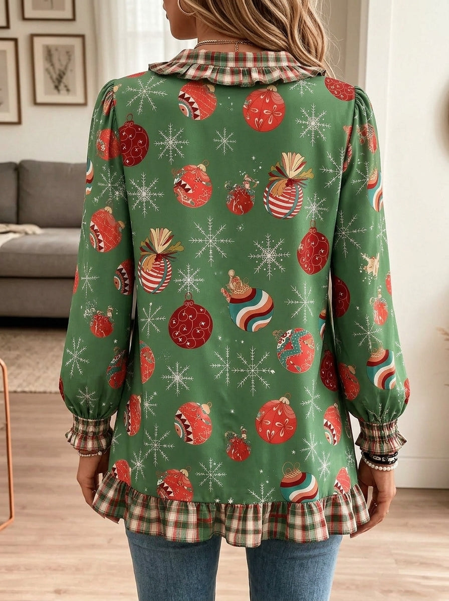 Women Christmas Ornament Print Plaid Ruffle V Neck Long Sleeve Shirt
