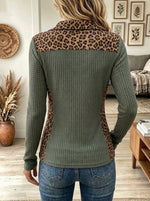 Women's Leopard Patchwork Lace-Up Collared Ribbed Long Sleeve Top, Slim Western Shirt
