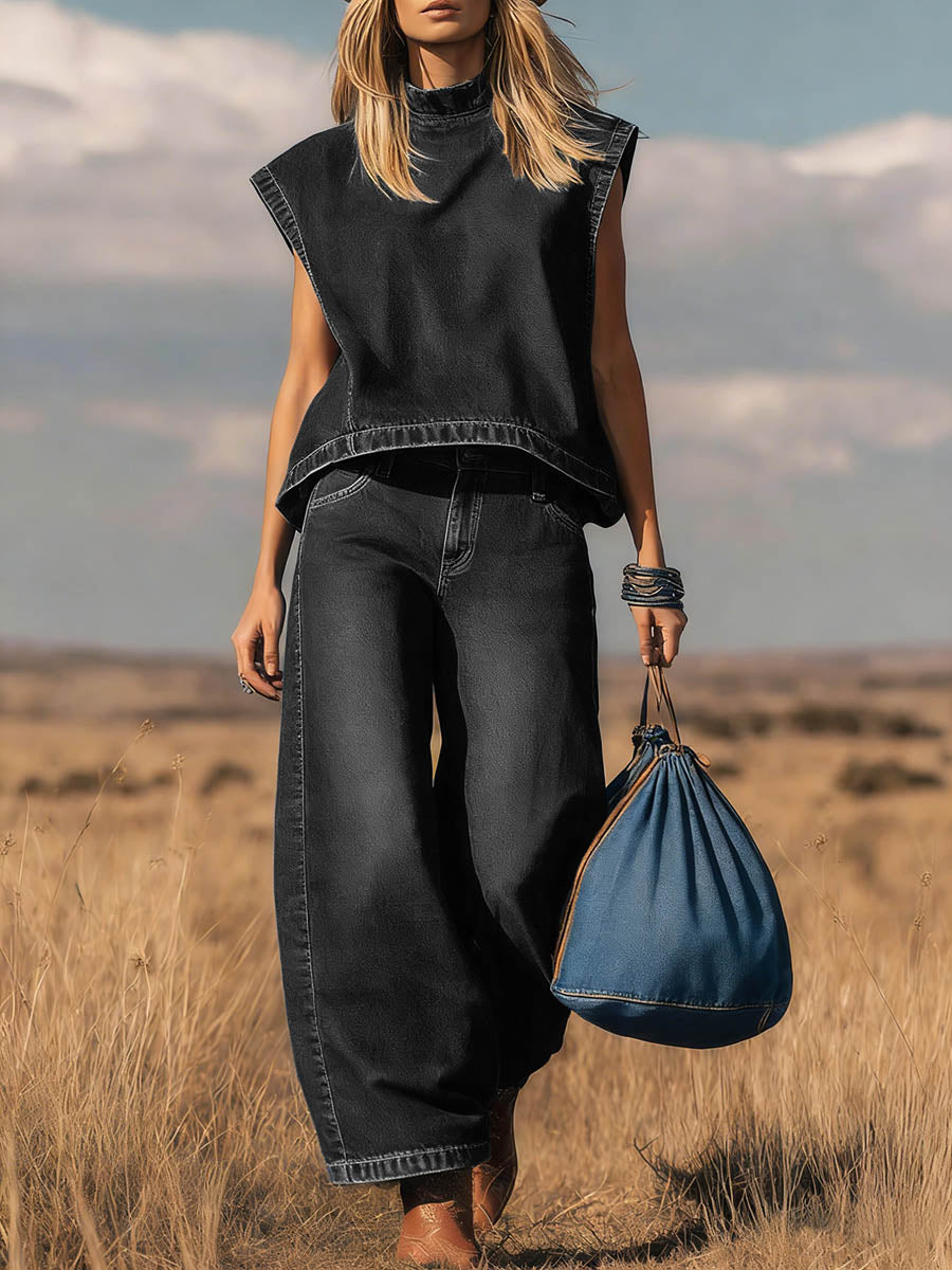 Women's Stand-collar Sleeveless Casual Loose Top And High-waisted Loose Wide-leg Denim Pants Set.