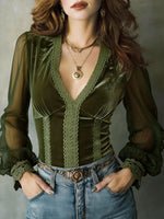 Stylish And Cozy Slim-fit Velvet Top With Lace Paneling