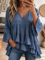 Women Blue Cotton Linen Tiered Ruffle Bell Sleeve Loose Babydoll Blouse