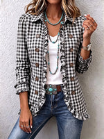 Chic Green Gingham Ruffled Button-Down Jacket