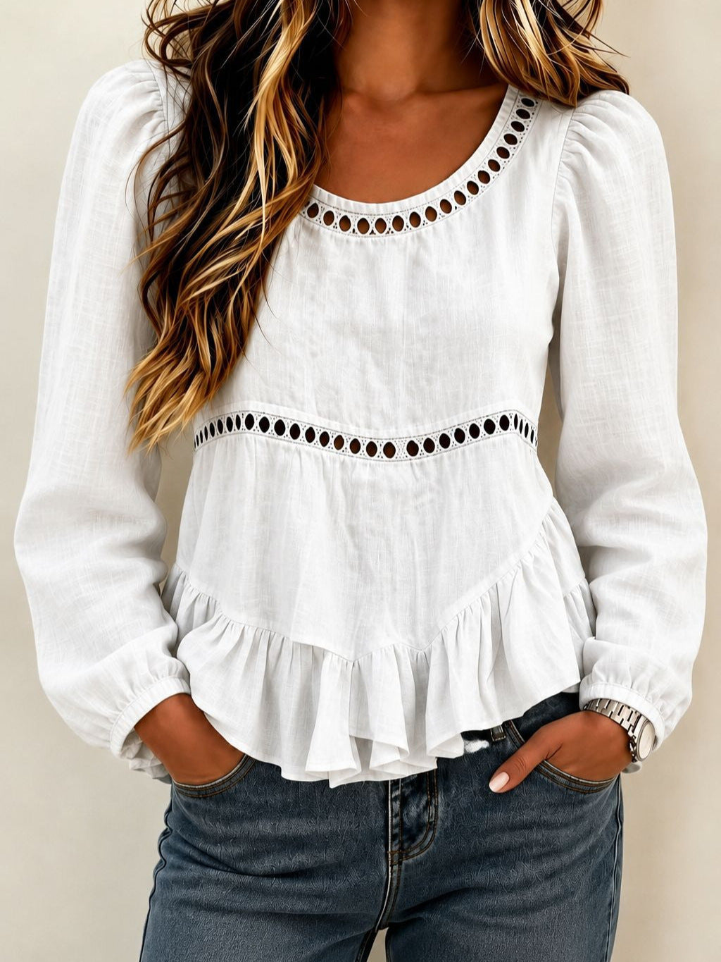 Romantic Linen-Blend Peplum Blouse – Cut-Out Trim & Ruffled Hem