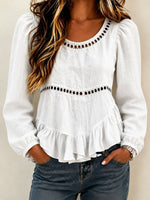Romantic Linen-Blend Peplum Blouse – Cut-Out Trim & Ruffled Hem