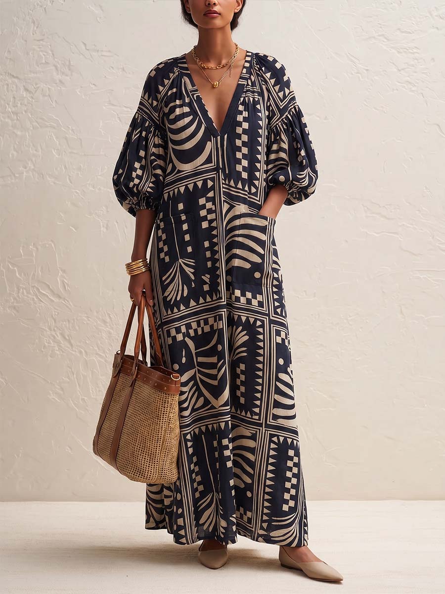 Women's Abstract Print V-neck 3/4 Sleeve Casual Loose Cotton Linen Dress