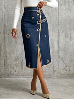 Chic And Refined Denim Midi Skirt With Gold Piping.