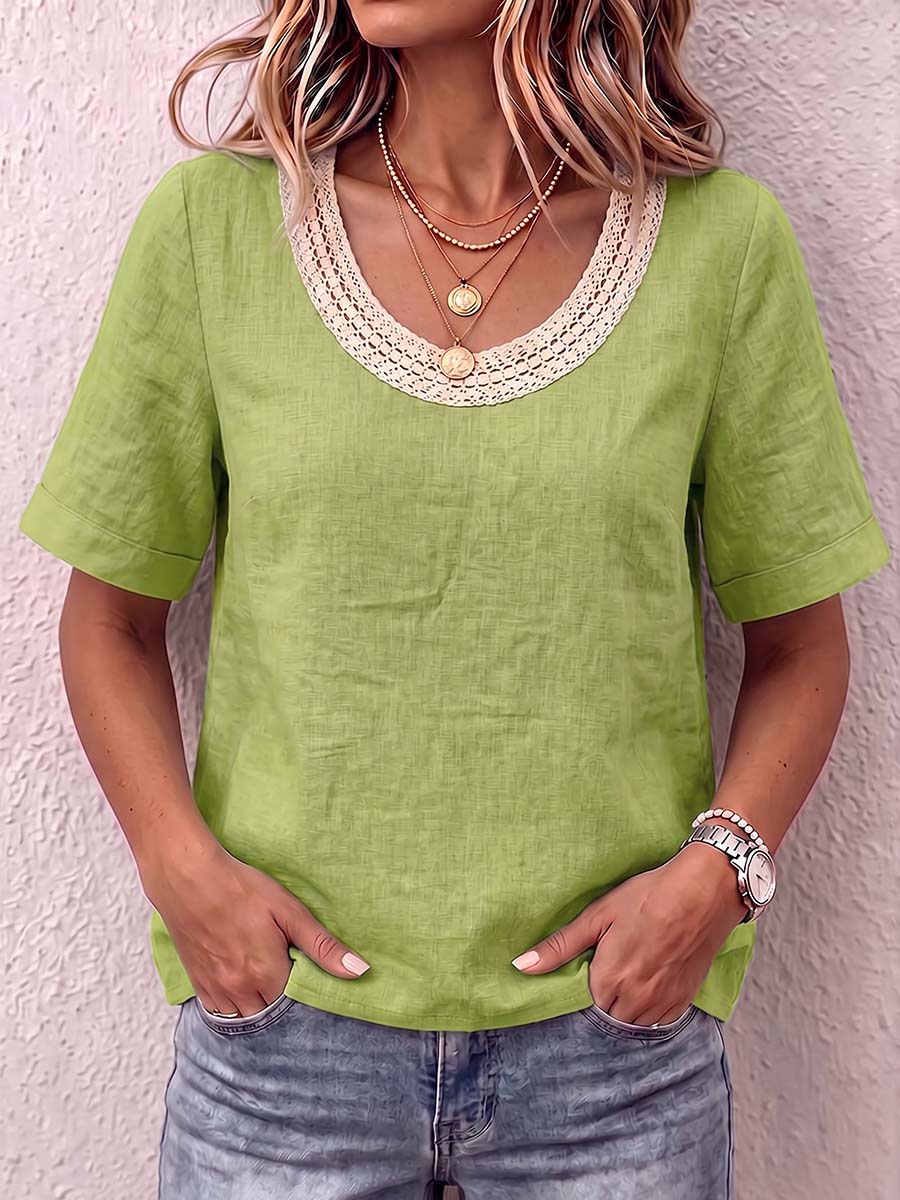 Women's Solid Color Round Neck Short-sleeved Cotton And Linen Top With Lace Trim