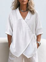Women's Solid Color Collared 3/4 Sleeve Casual Loose Cotton Linen Shirt