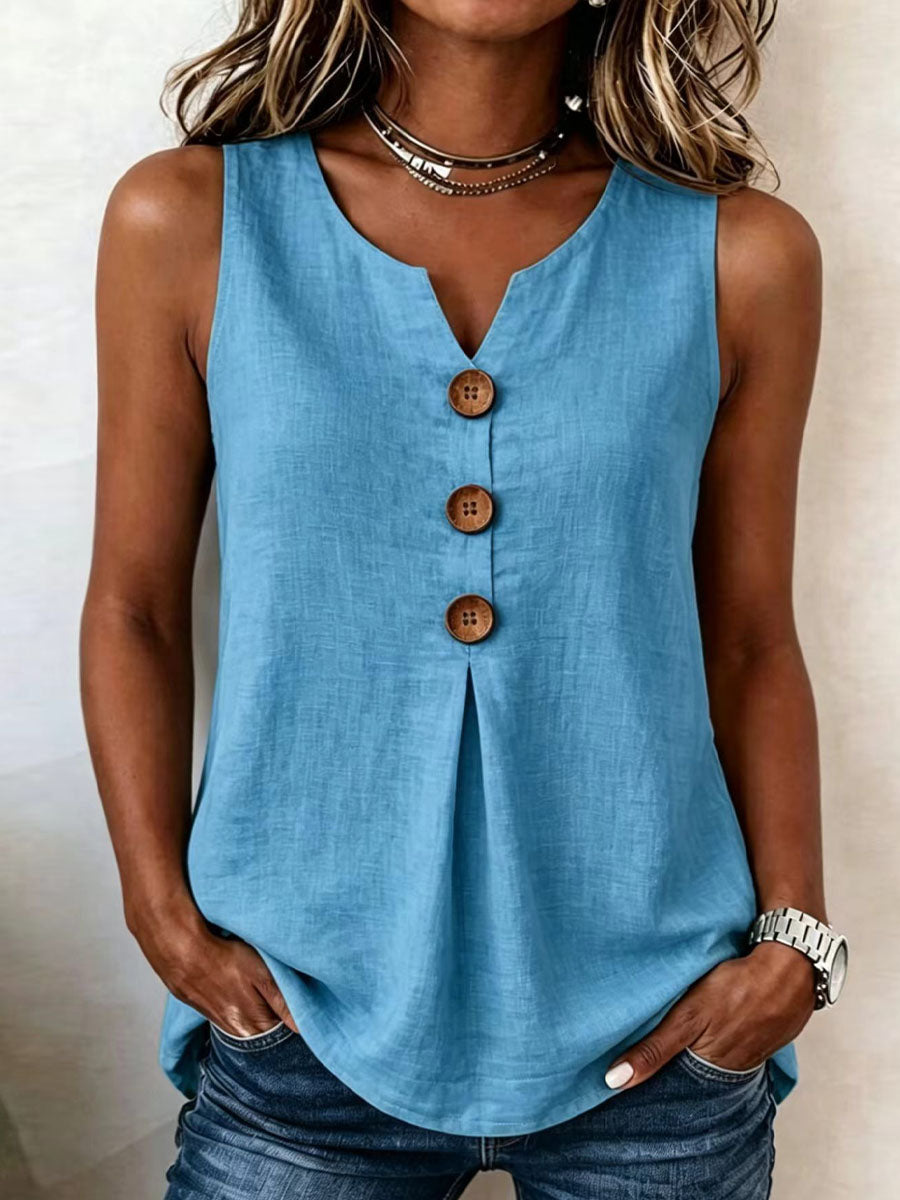 Women's Solid-color V-neck Sleeveless Casual Loose Cotton-linen Top