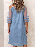 Women's Off-shoulder Neckline 3/4 Sleeves Casual Loose Denim Patchwork Mesh Dress