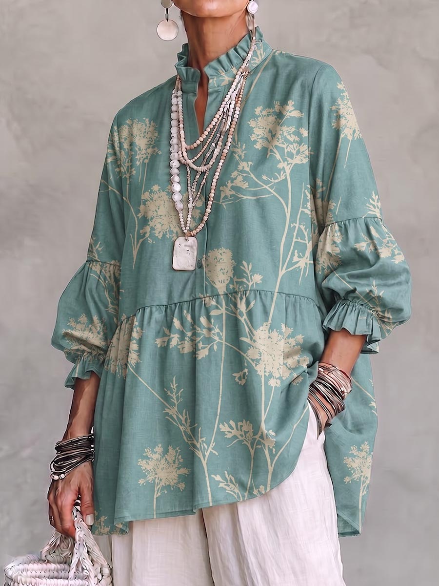 Women's Retro Print Stand Collar 3/4 Sleeve Casual Loose Cotton Linen Top