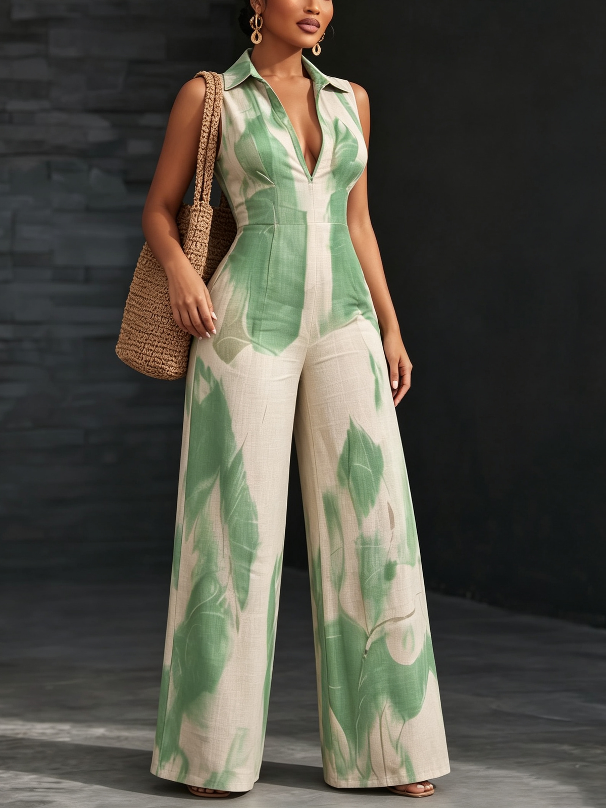 Elegant Resort-style Stand-up Collar Wide-leg Jumpsuit