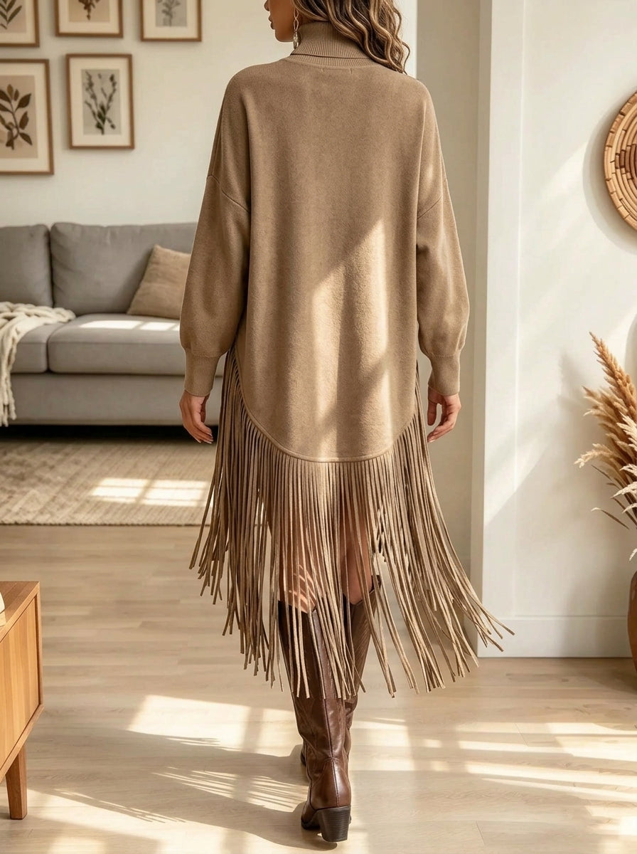 Women's High Neck Asymmetrical Fringe Hem Suede Dress