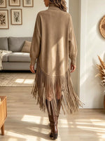 Women's High Neck Asymmetrical Fringe Hem Suede Dress