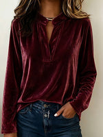 Women's Solid Color V-neck Long Sleeve Casual Loose Velvet Top
