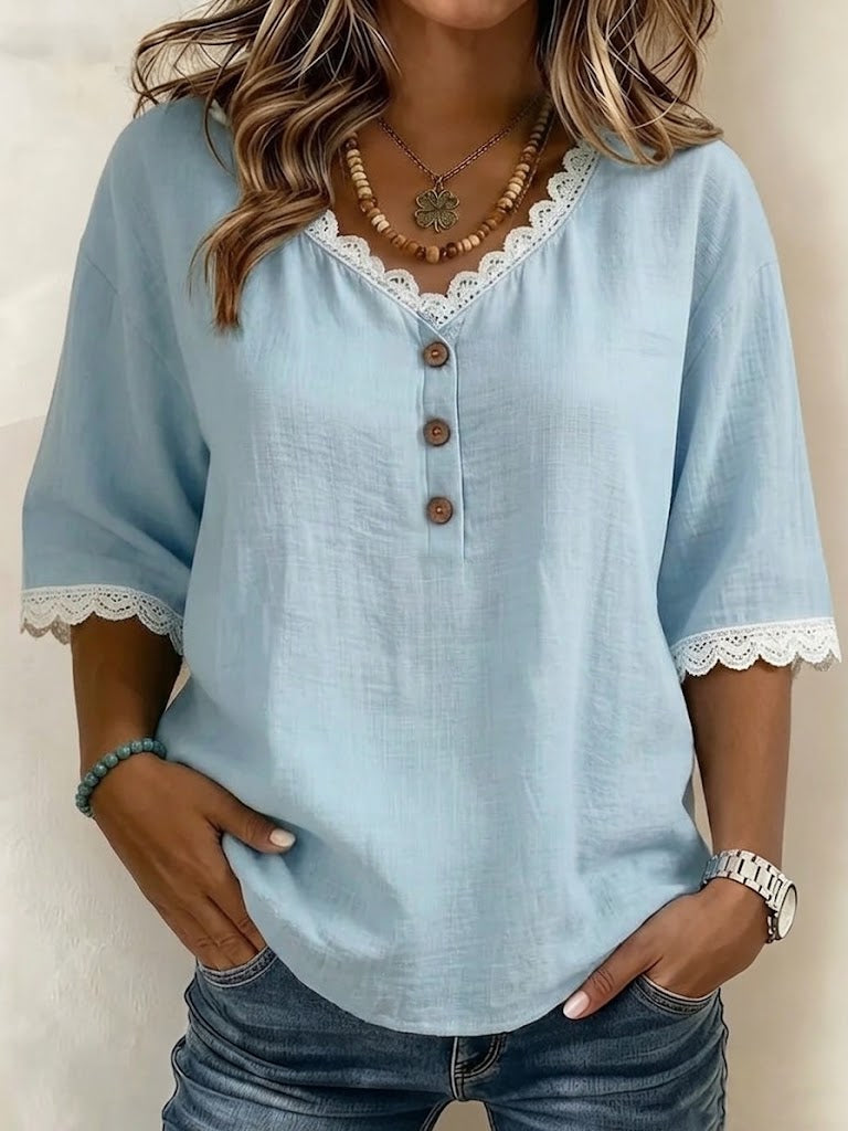 Lace Trim V-neck Half Placket Wooden Button Loose 3/4 Sleeve Linen Blend Top