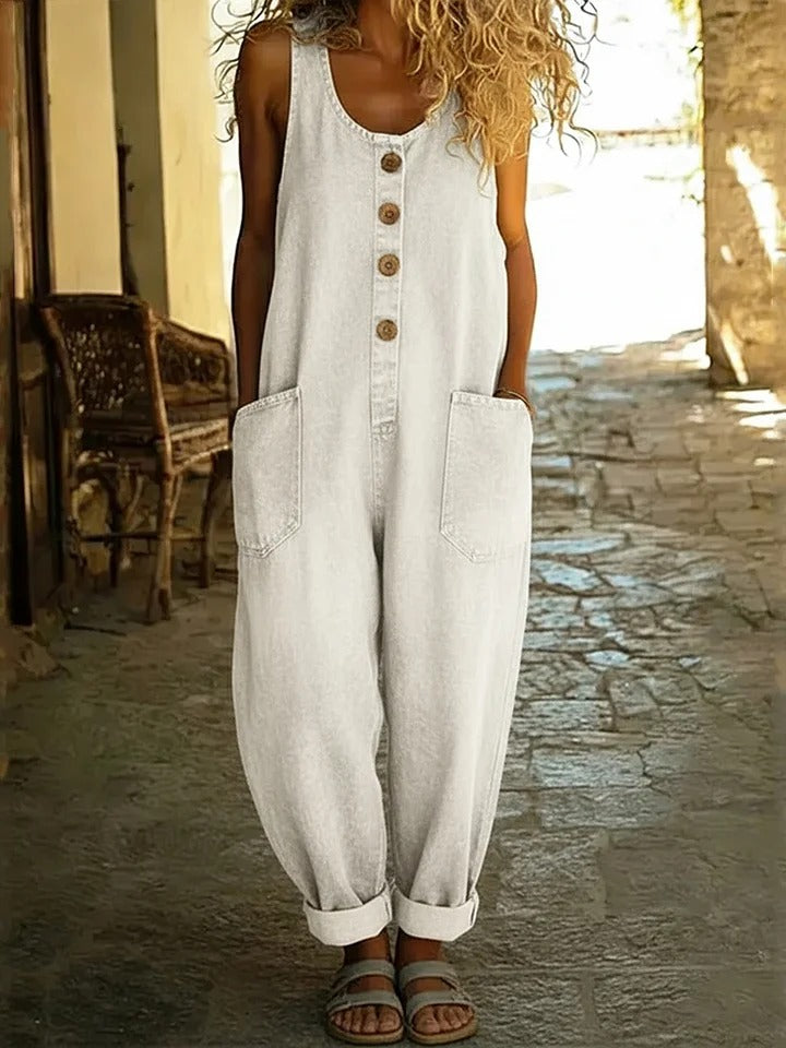 Women's Casual Cotton Vest And Denim Jumpsuit